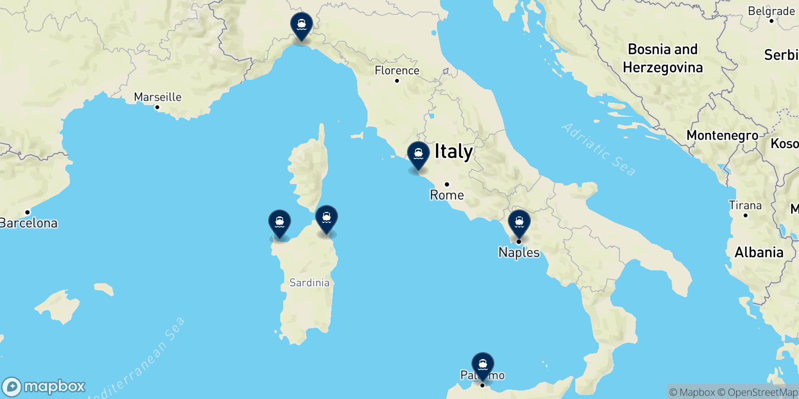 Mapa de los destinos Tirrenia