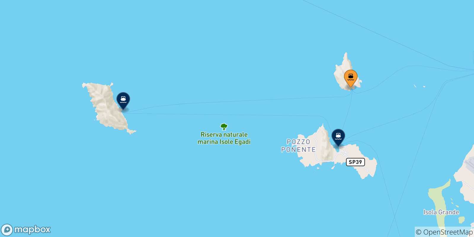 Mapa de las posibles rutas entre Levanzo y  Islas Egadas