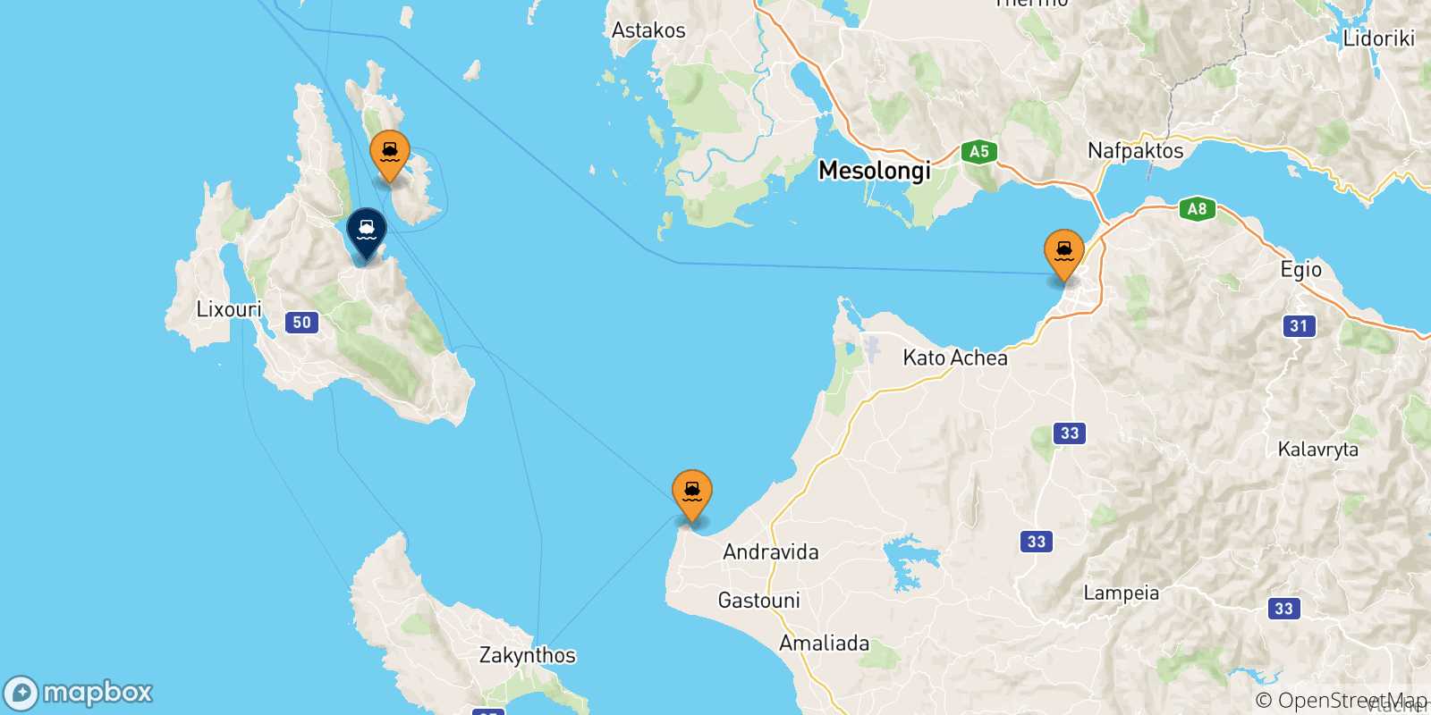 Mapa de las posibles rutas entre Grecia y  Sami (Cefalonia)