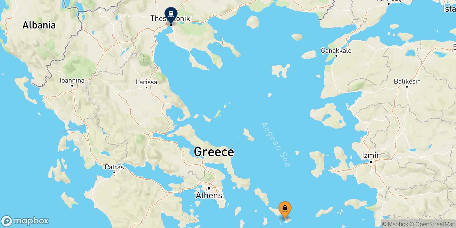 Mapa de la ruta Mykonos Salónica