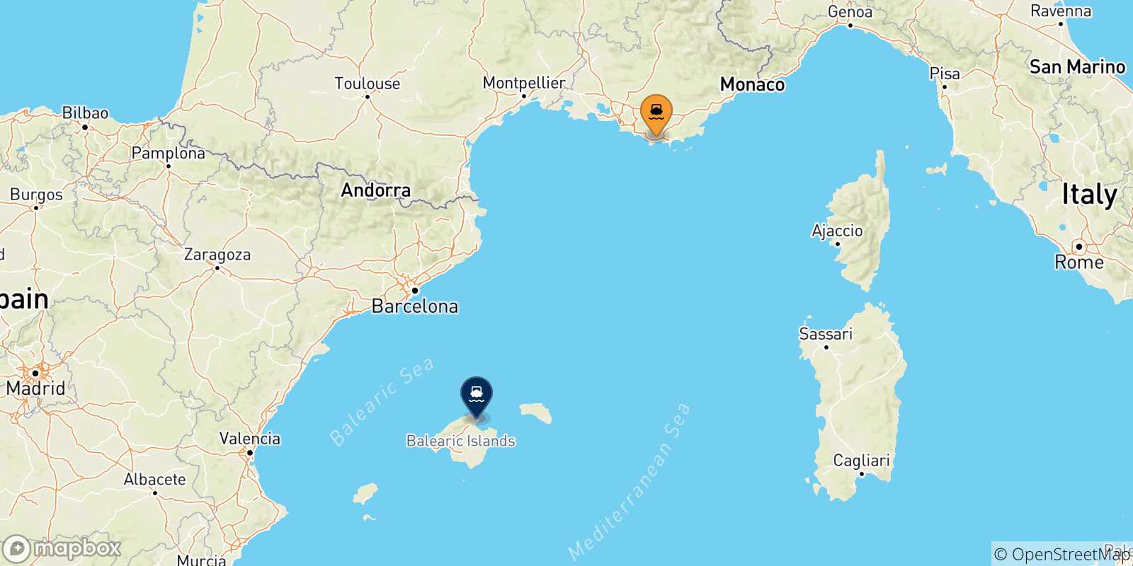 Mapa de las posibles rutas entre Francia y  Alcudia (Mallorca)