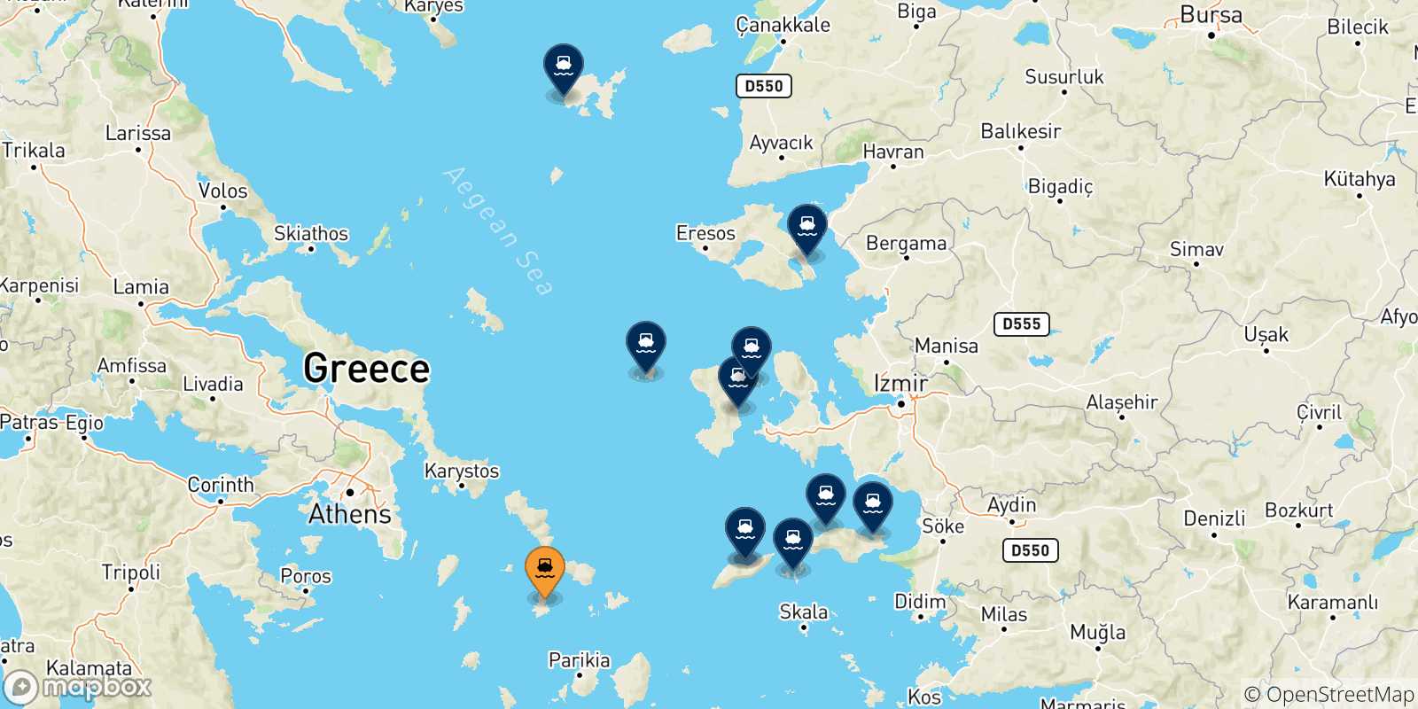 Mapa de las posibles rutas entre Syros y  Islas Del Egeo