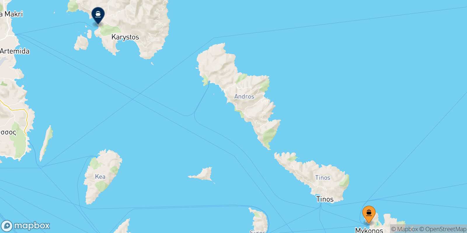 Mapa de la ruta Mykonos Karystos