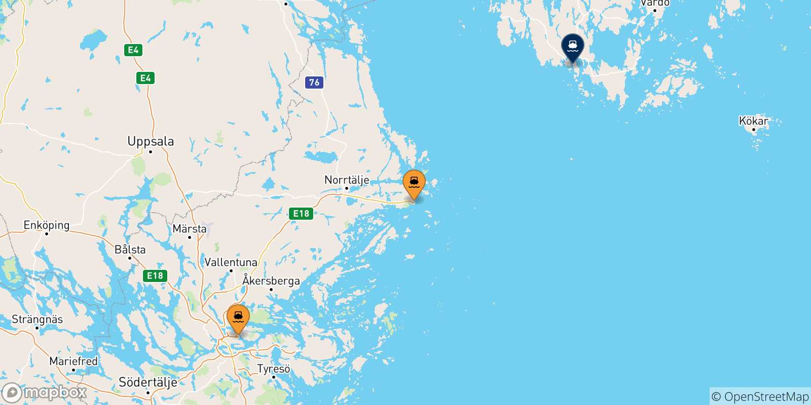Mapa de las posibles rutas entre Suecia y  Mariehamn