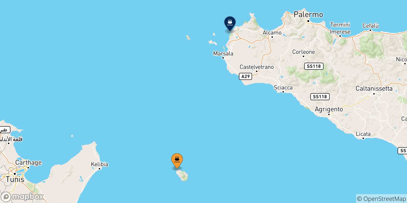 Mapa de las posibles rutas entre Isla De Pantelaria y  Trapani