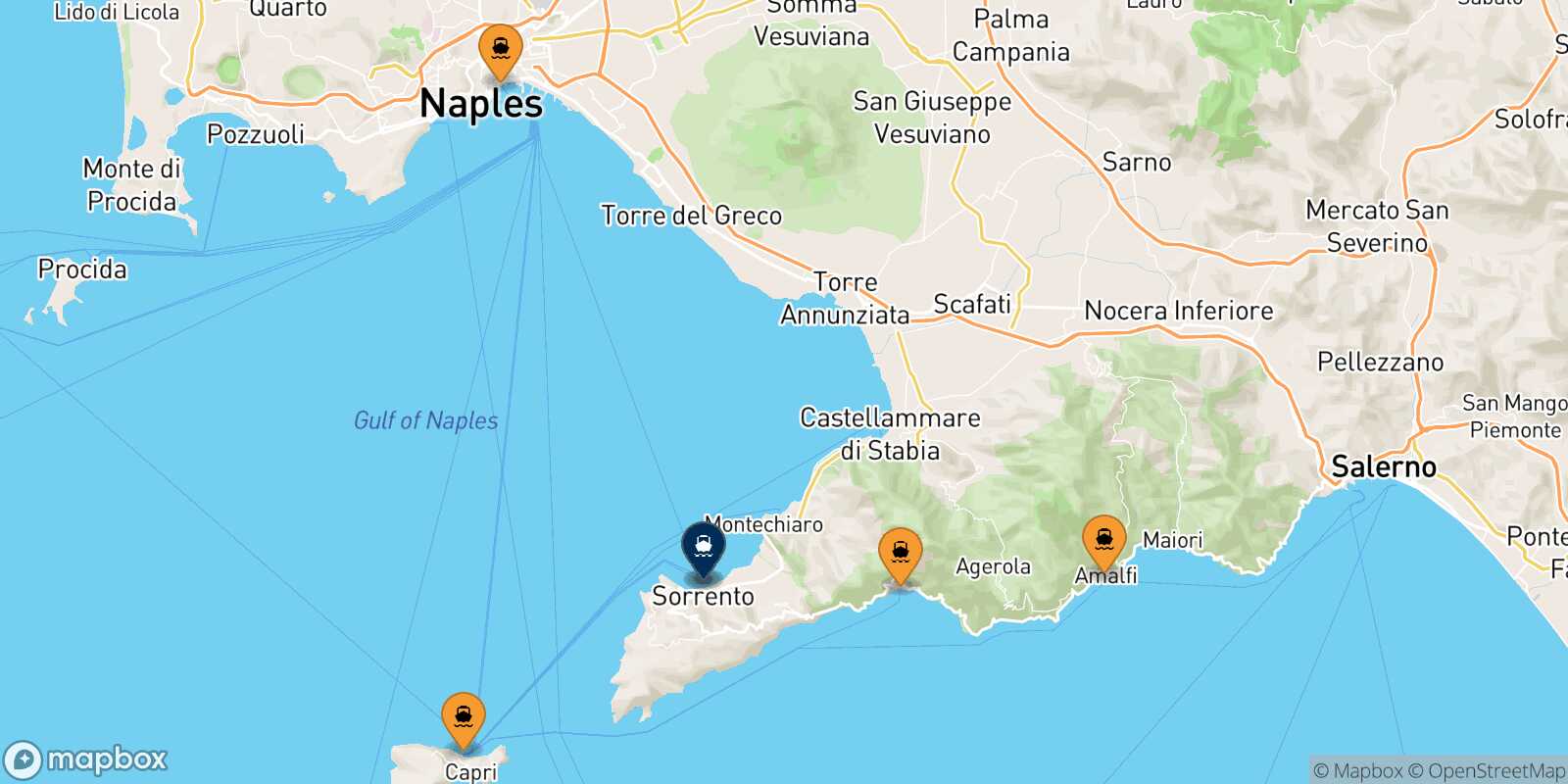 Mapa de los puertos conectados con  Castellammare