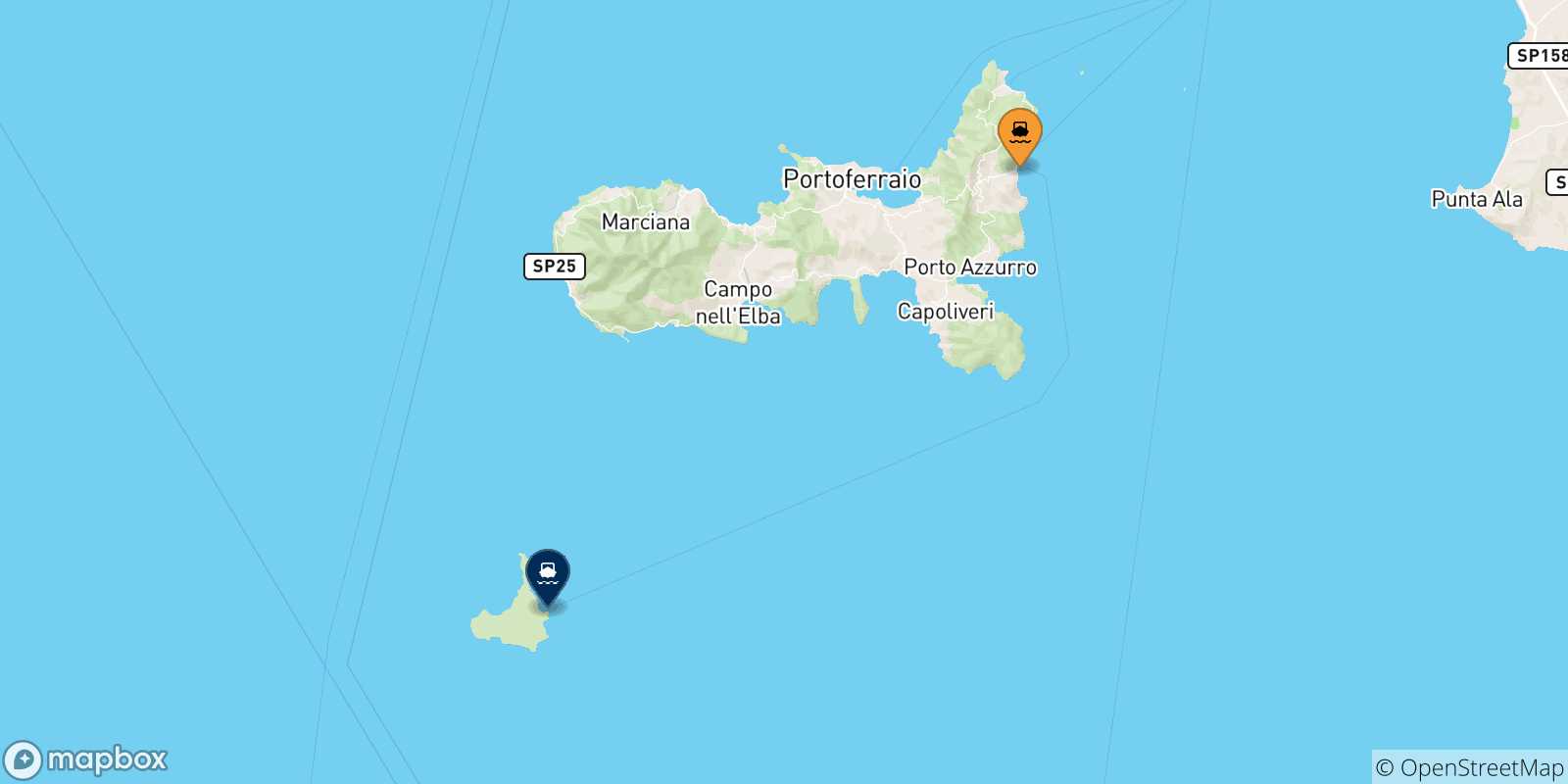 Mapa de las posibles rutas entre Isla De Elba y  Pianosa