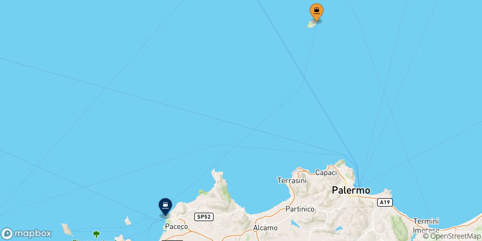 Mapa de las posibles rutas entre La Isla De Ustica y  Trapani
