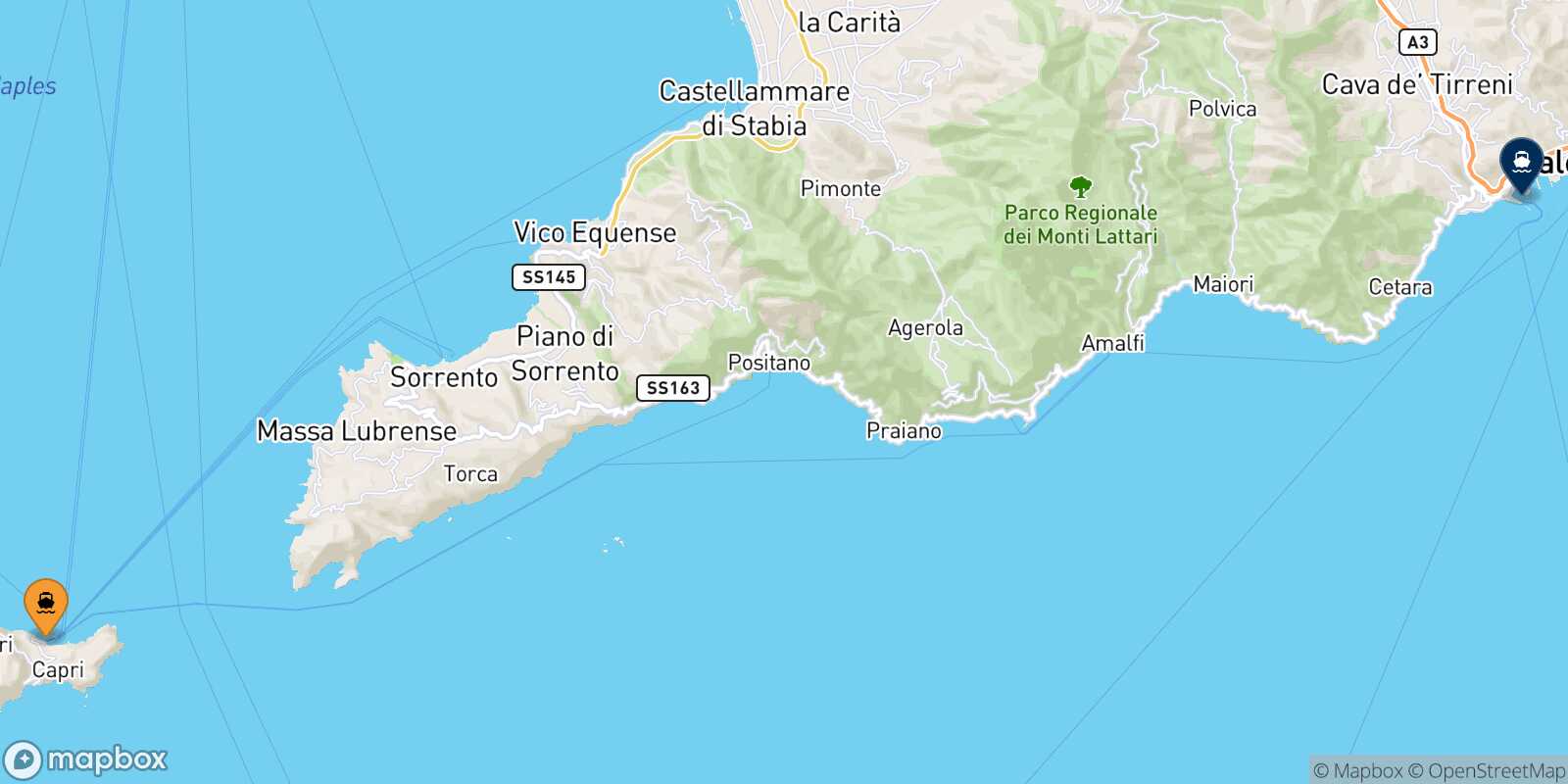 Mapa de la ruta Capri Salerno