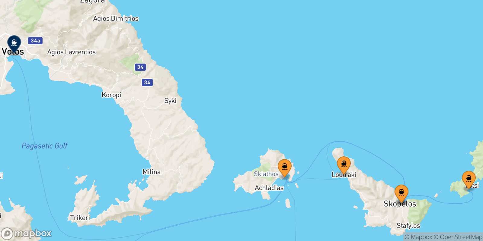 Mapa de los puertos conectados con  Volos