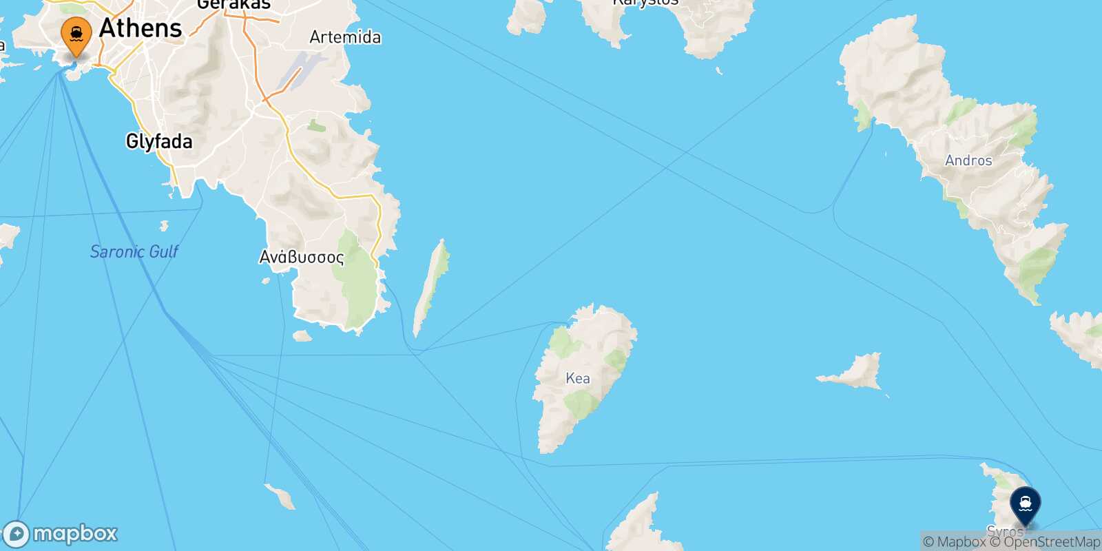 Mapa de la ruta El Pireo Syros