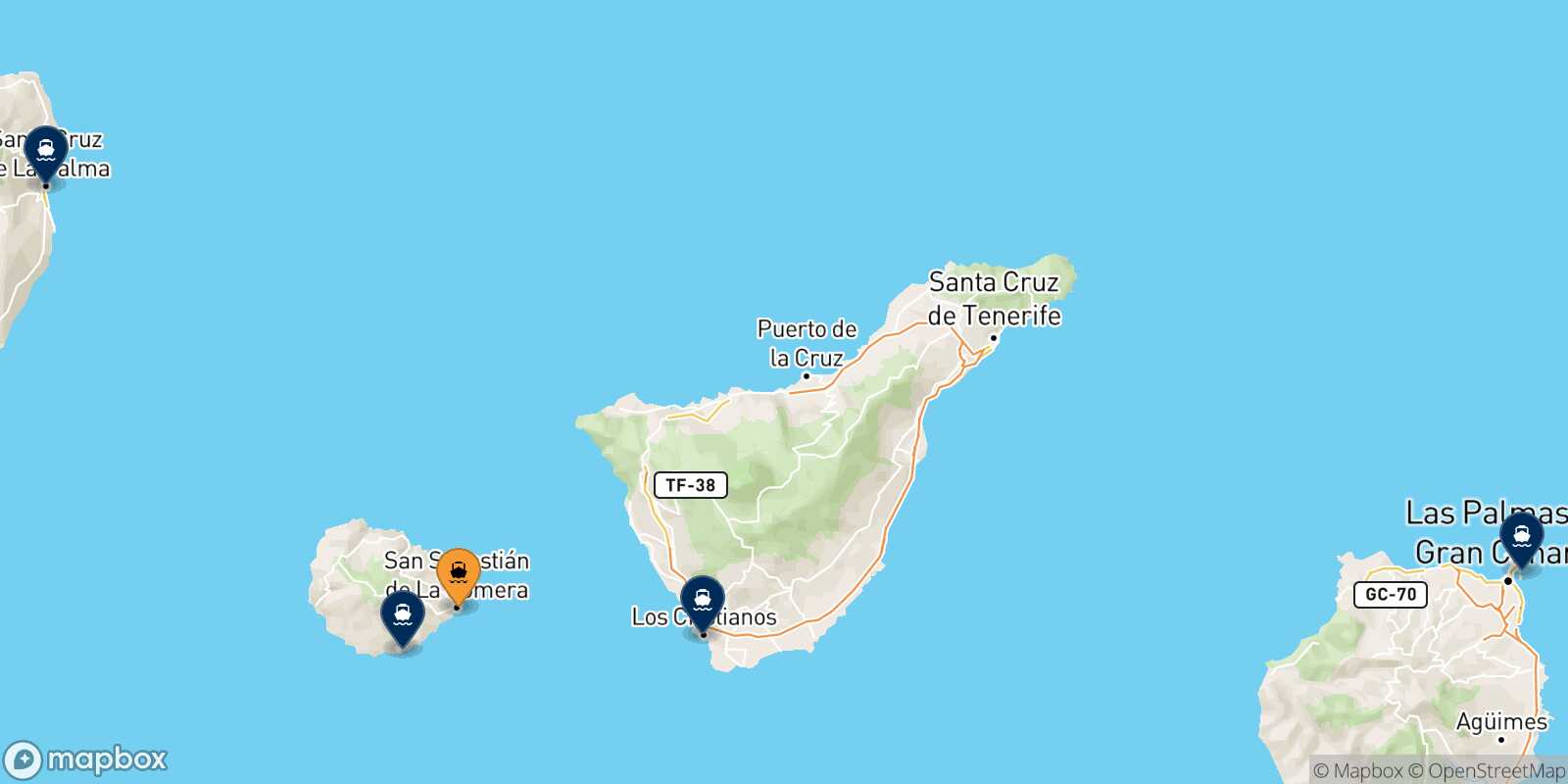 Mapa de los destinos alcanzables de San Sebastian De La Gomera