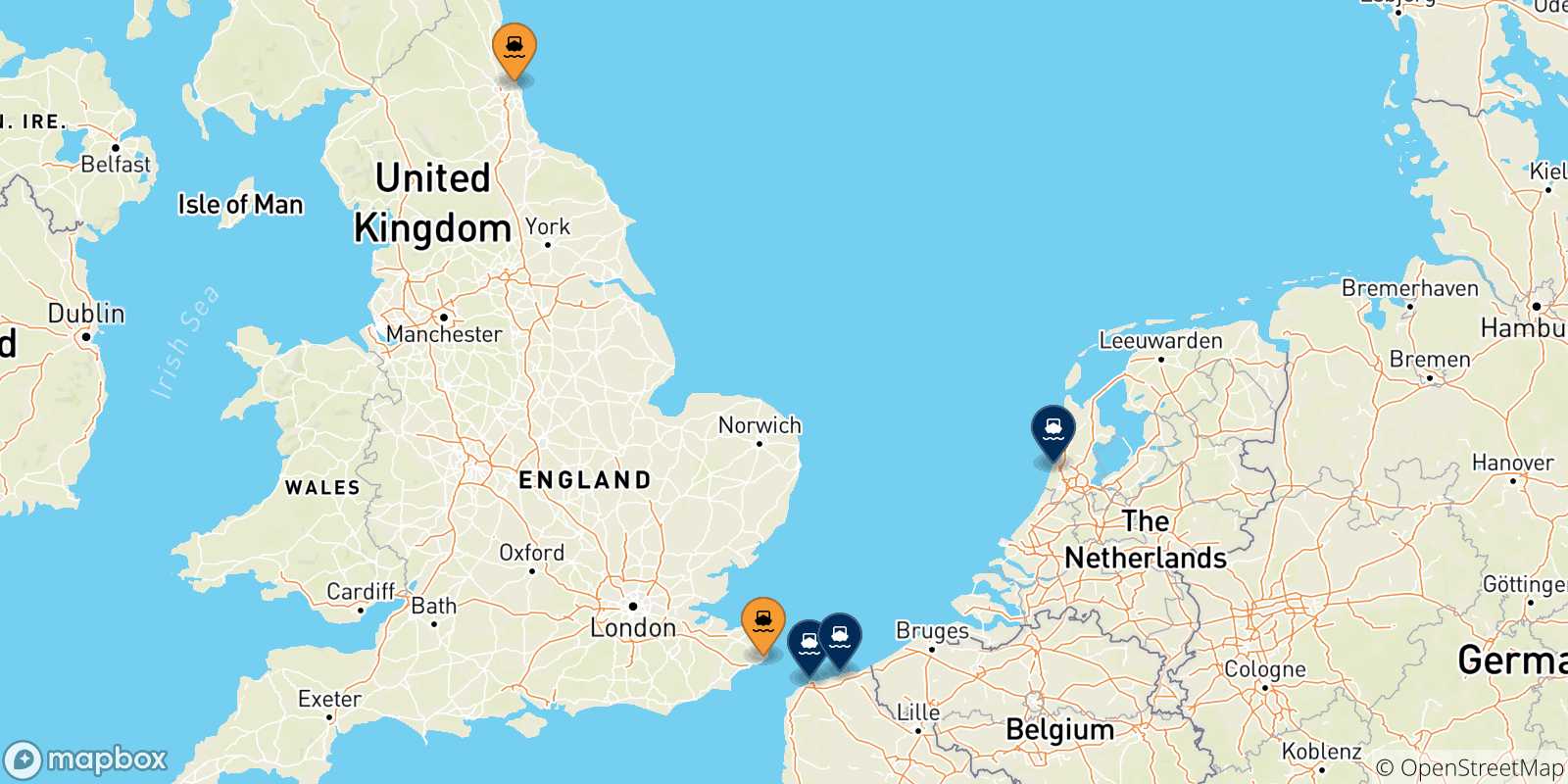 Mapa de los destinos alcanzables de Inglaterra