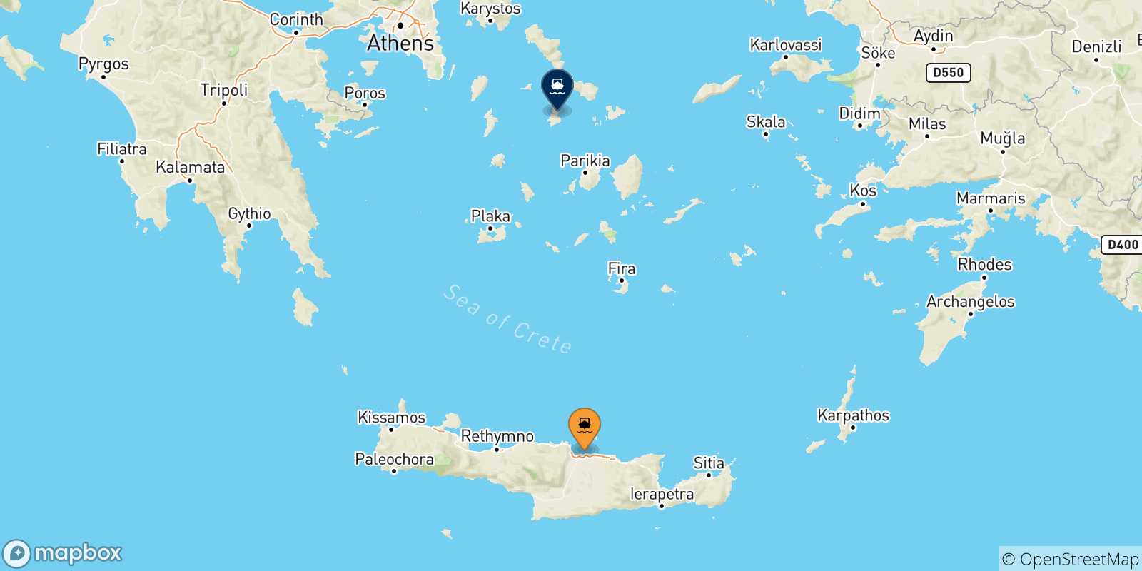 Mapa de las posibles rutas entre Creta y  Syros