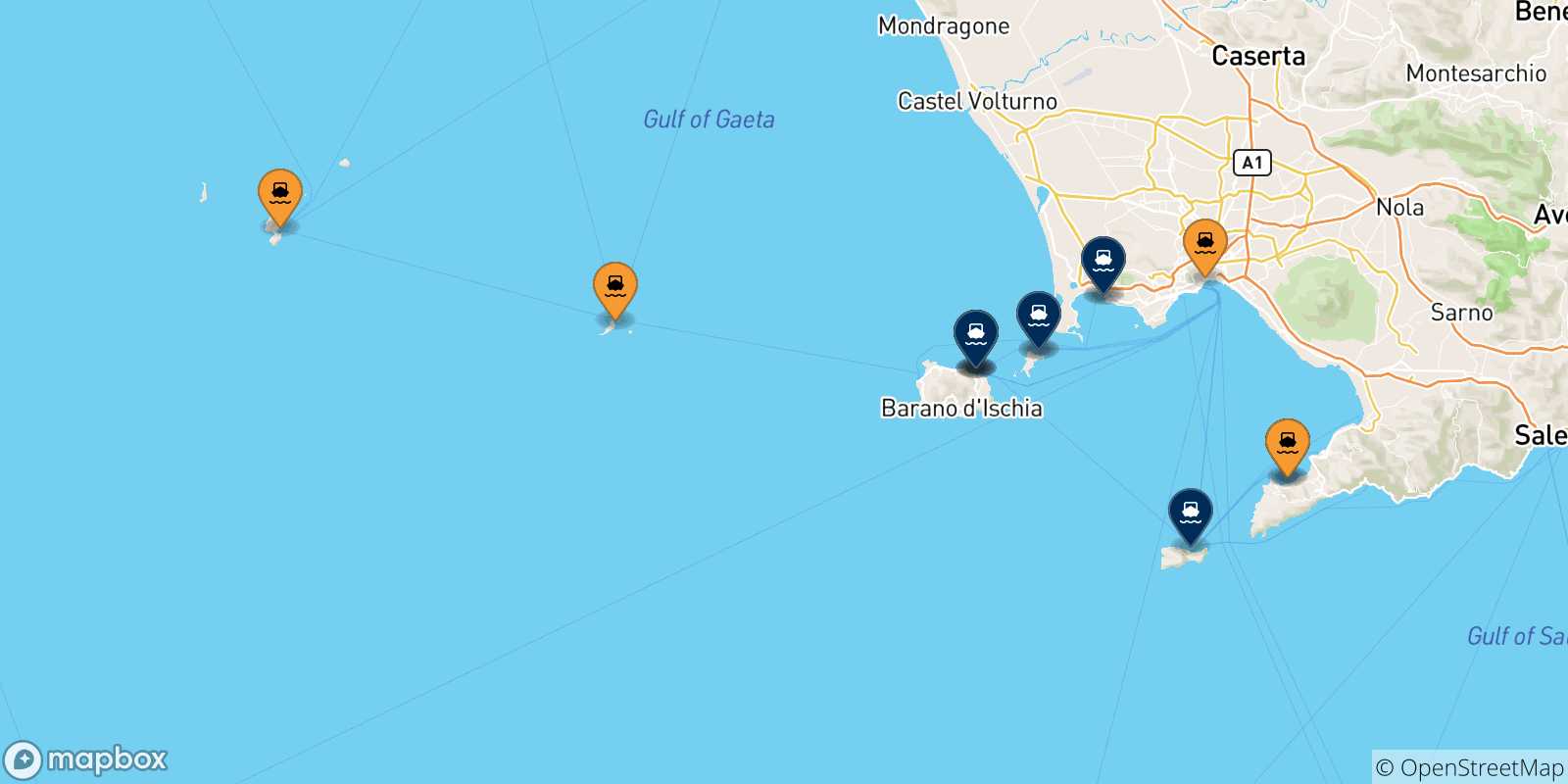Mapa de las posibles rutas entre Italia y  Golfo De Nápoles