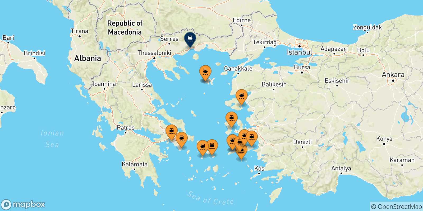 Mapa de las posibles rutas entre Grecia y  Kavala