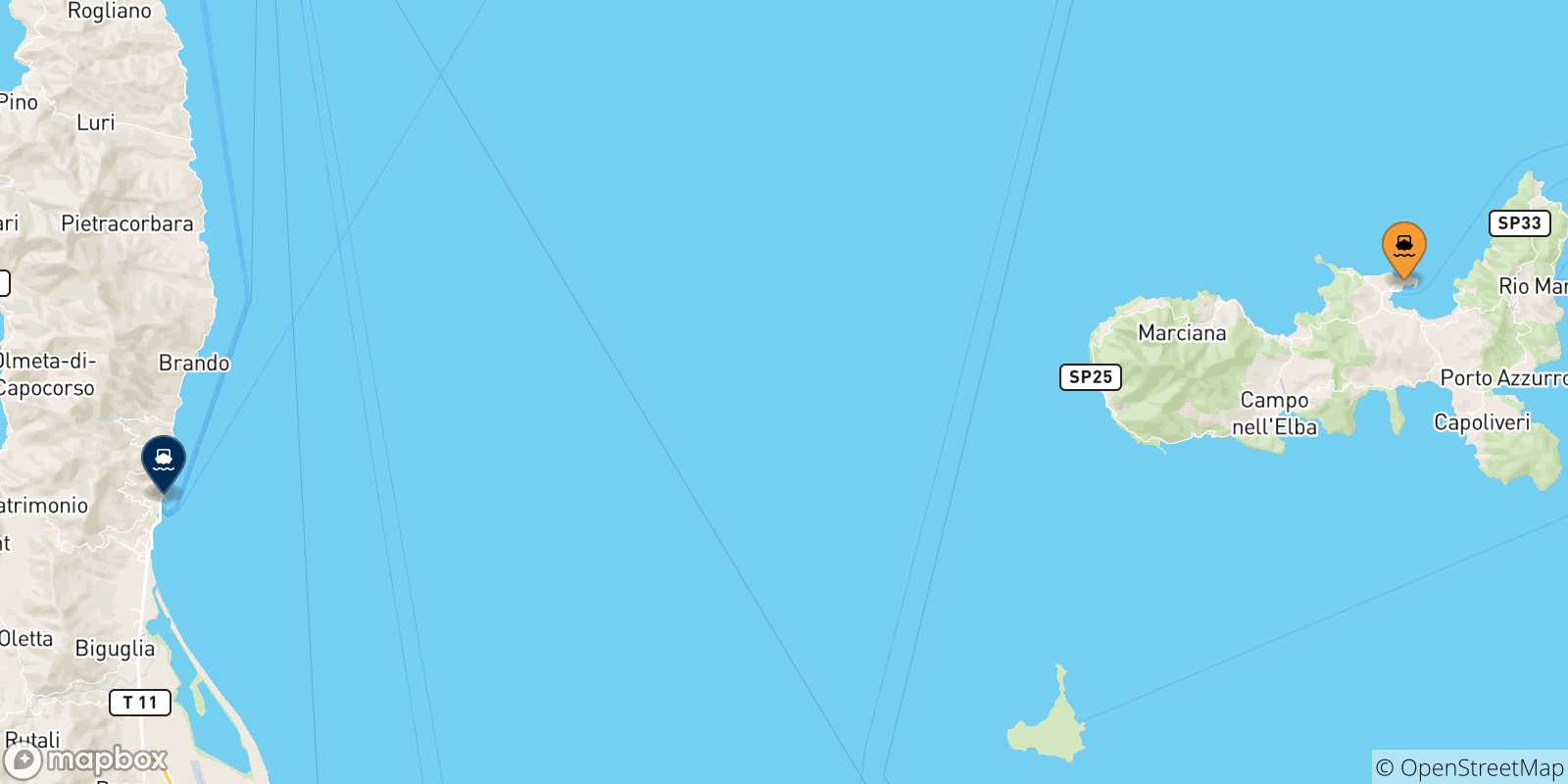 Mapa de las posibles rutas entre Isla De Elba y  Córcega