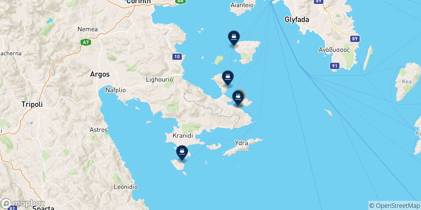 Mapa de las posibles rutas entre Poros y  Islas Sarónicas