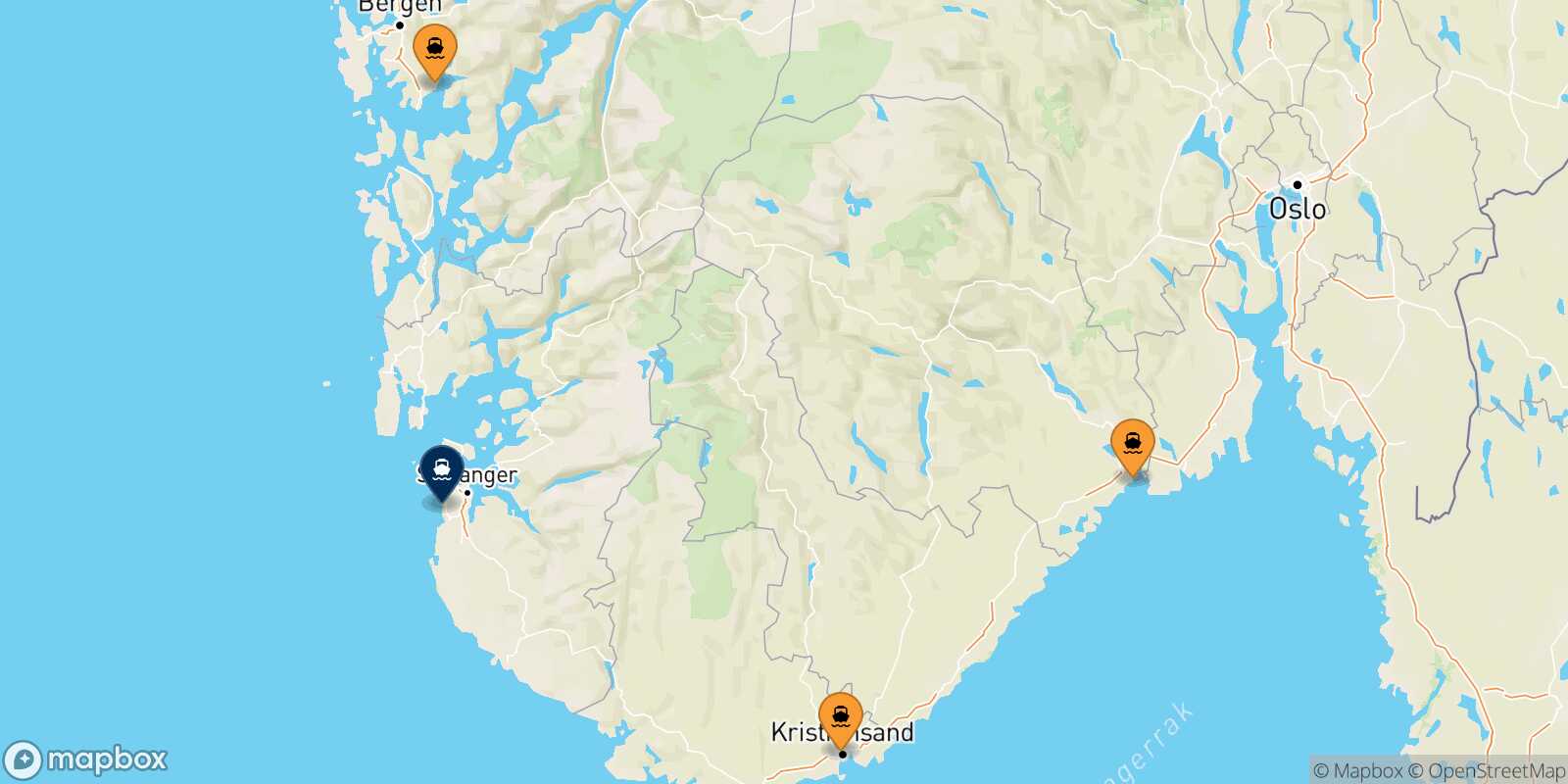 Mapa de los puertos conectados con  Stavanger