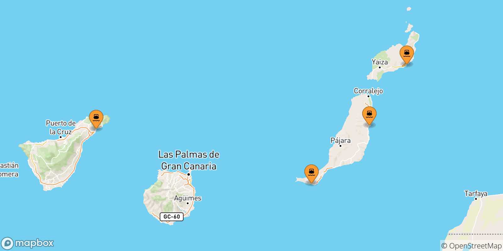 Mapa de las posibles rutas entre Islas Canarias y  Las Palmas De Gran Canaria