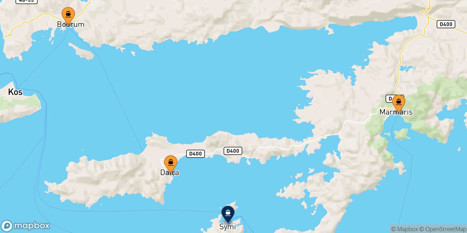 Mapa de los puertos conectados con  Symi