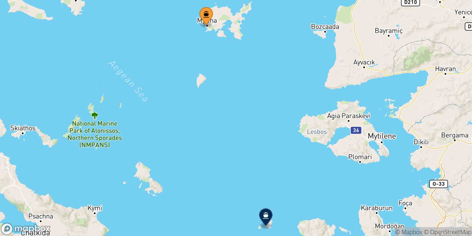 Mapa de la ruta Mirina (Limnos) Psara