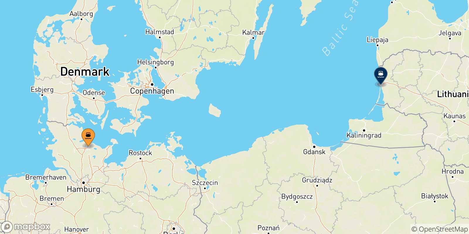 Mapa de las posibles rutas entre Alemania y  Klaipeda