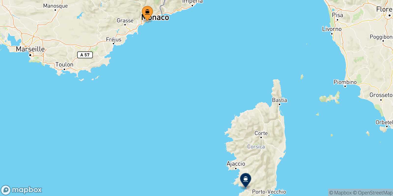 Mapa de la ruta Niza Ajaccio