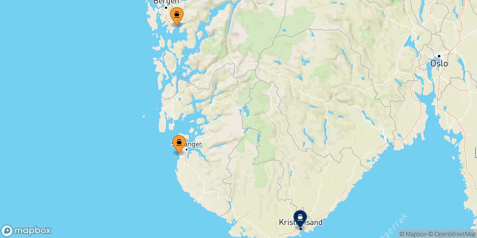 Mapa de los puertos conectados con  Kristiansand