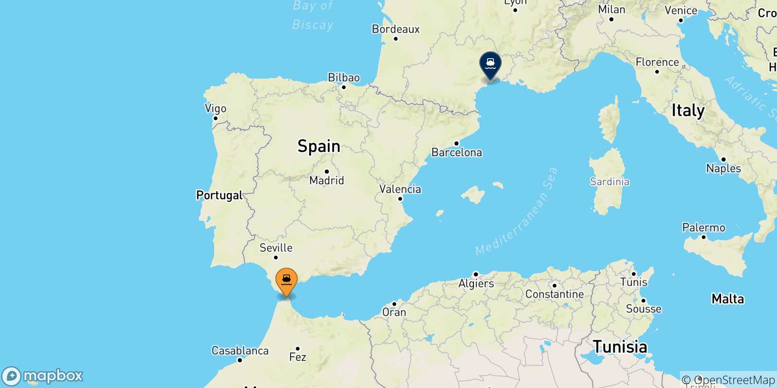 Mapa de las posibles rutas entre Tánger Med y  Francia