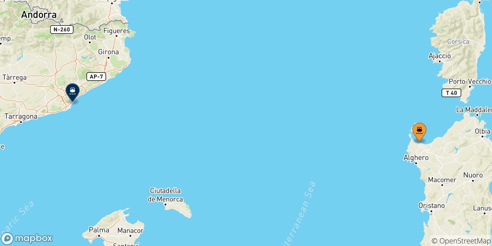 Mapa de las posibles rutas entre Porto Torres y  España