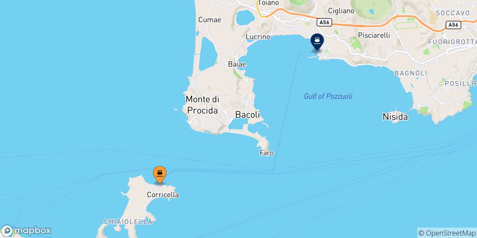Mapa de las posibles rutas entre Procida y  Golfo De Nápoles