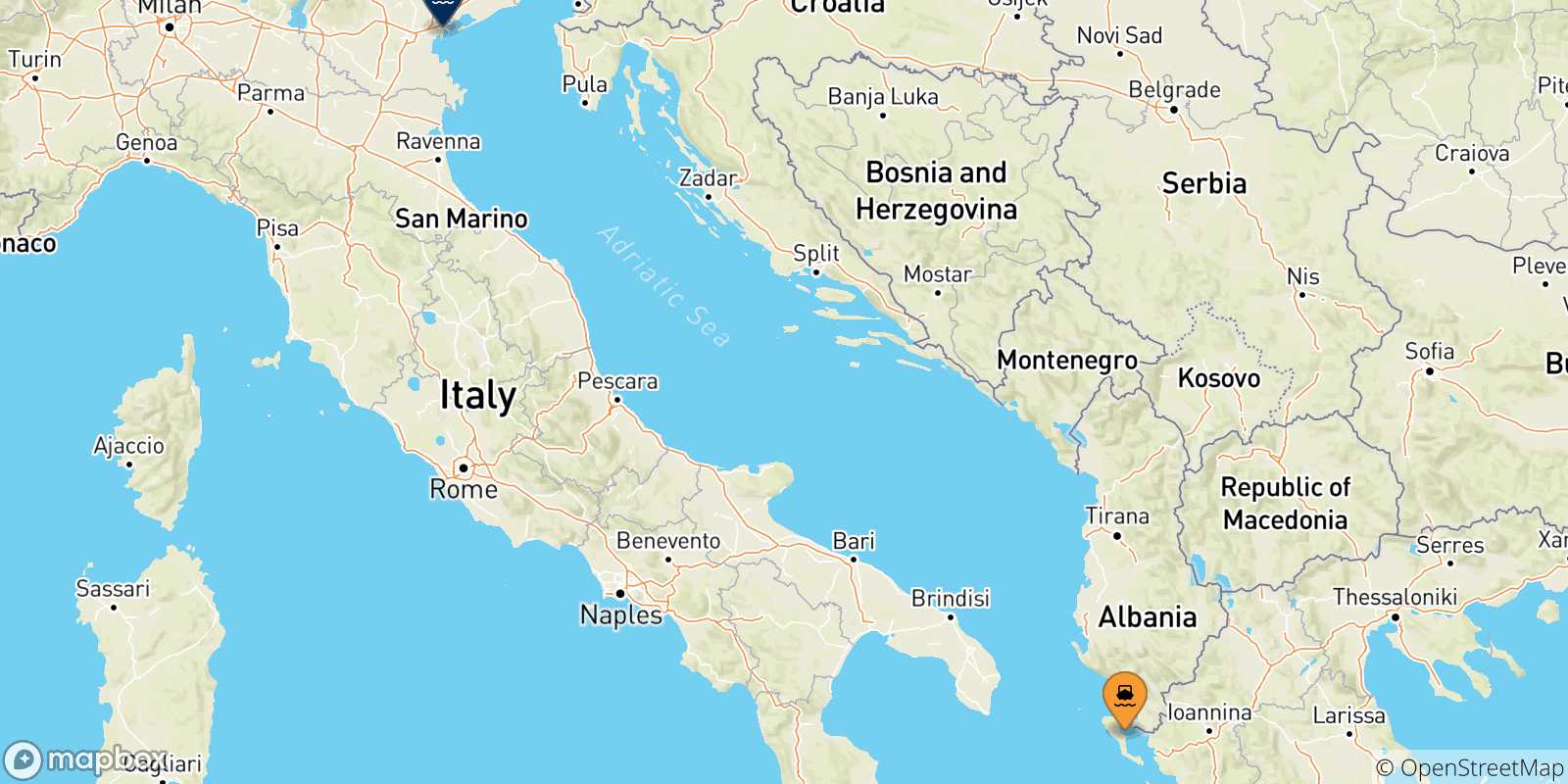 Mapa de las posibles rutas entre Islas Jonicas y  Venecia