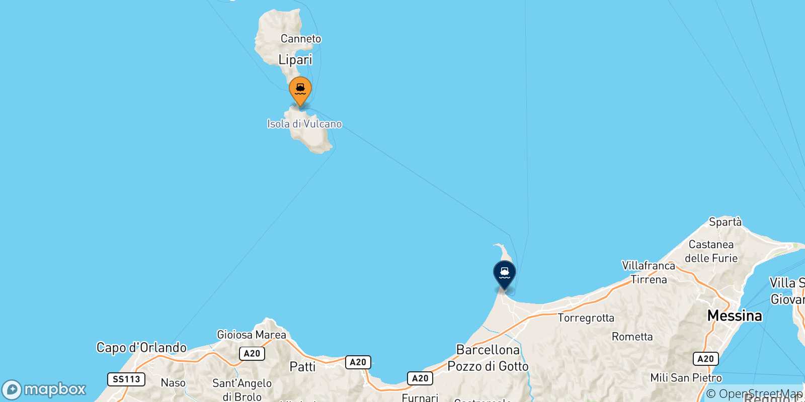 Mapa de las posibles rutas entre Vulcano y  Sicilia