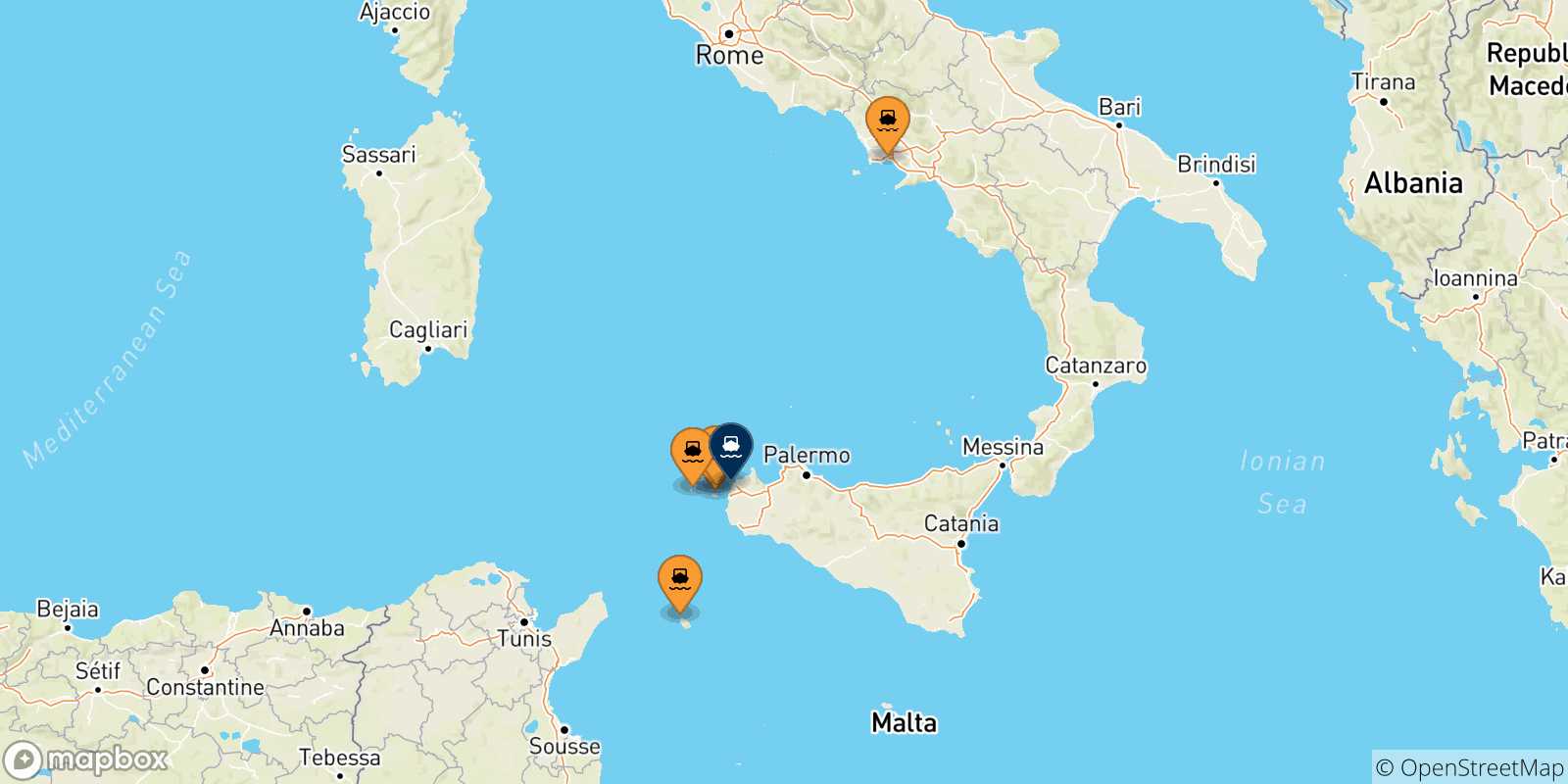 Mapa de las posibles rutas entre Italia y  Trapani