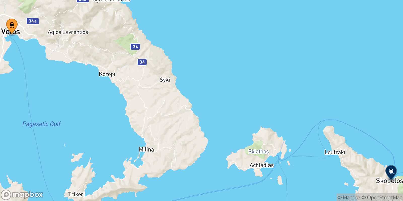 Mapa de la ruta Volos Skopelos