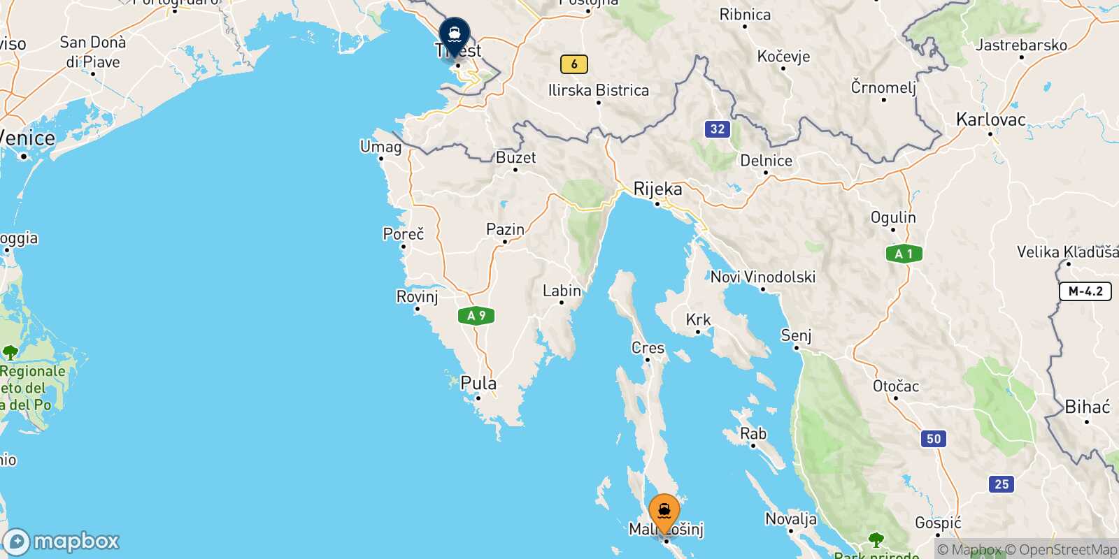 Mapa de la ruta Mali Losinj Trieste