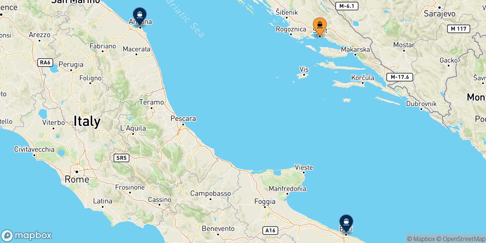 Mapa de los destinos alcanzables de Split