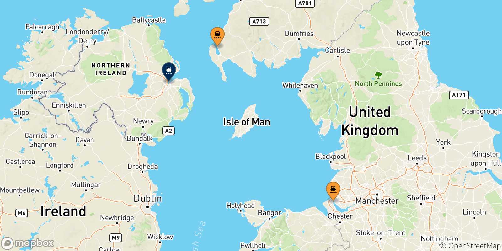 Mapa de los puertos conectados con  Irlanda Del Norte