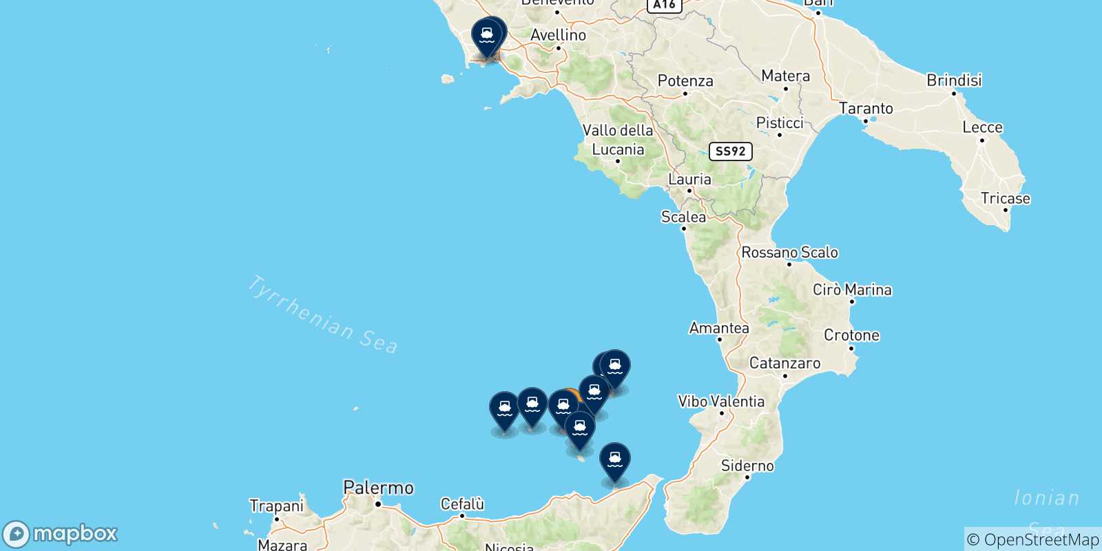 Mapa de las posibles rutas entre Santa Marina (Salina) y  Italia