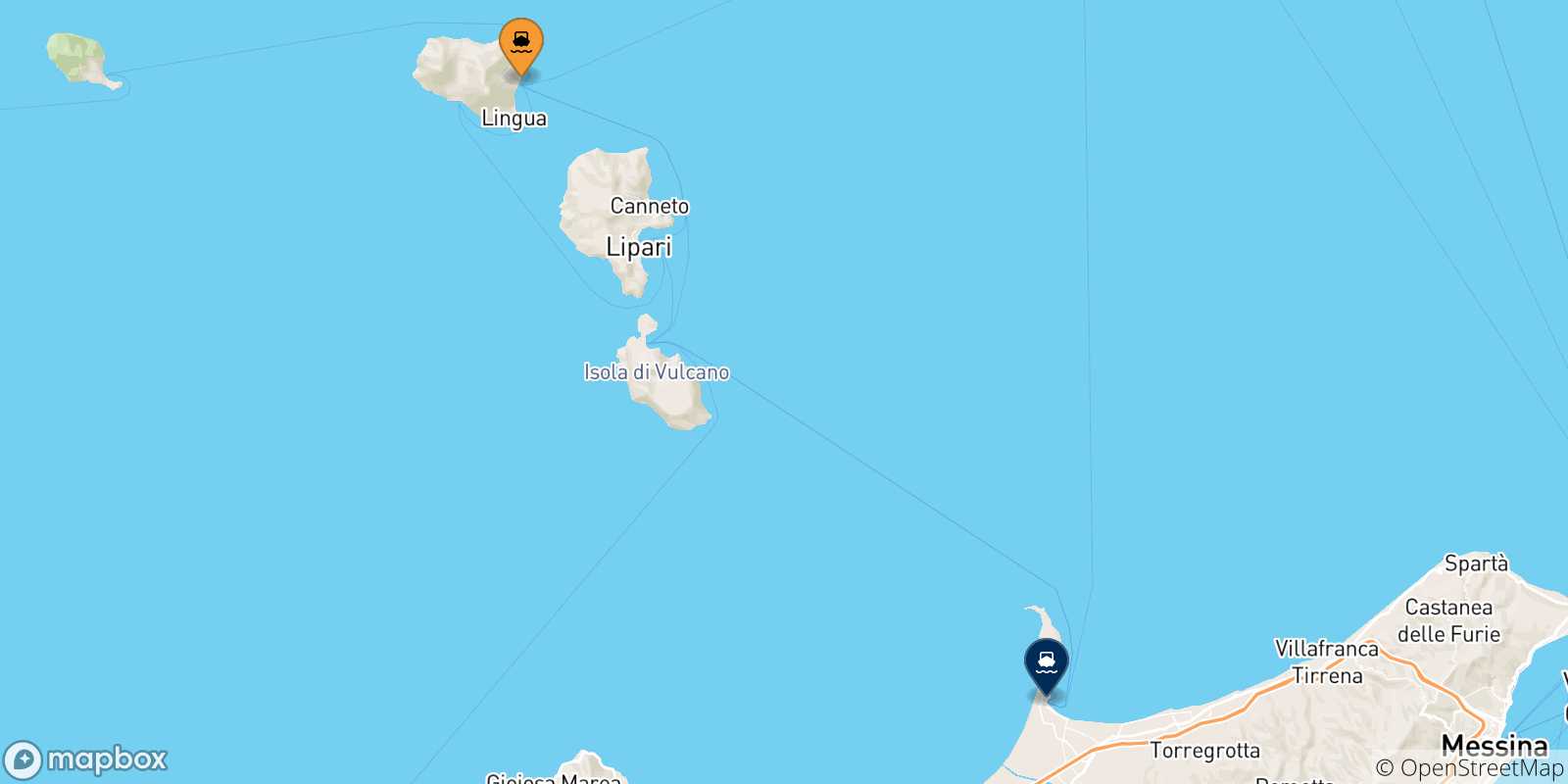 Mapa de las posibles rutas entre Santa Marina (Salina) y  Sicilia