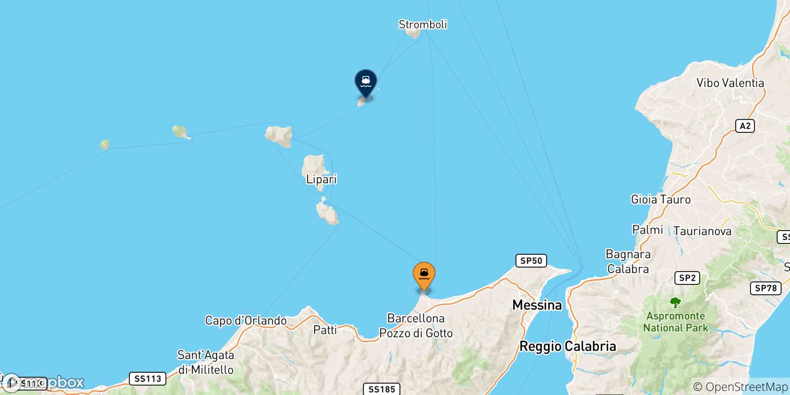 Mapa de las posibles rutas entre Sicilia y  Panarea