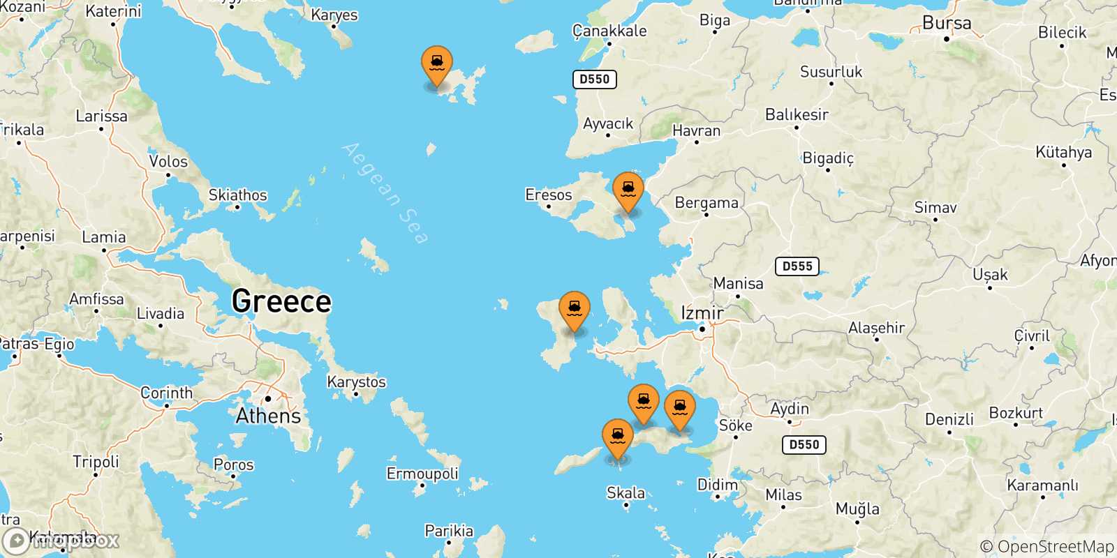 Mapa de las posibles rutas entre Islas Del Egeo y  Evdilos (Ikaria)