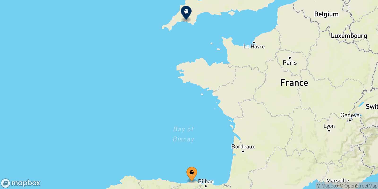 Mapa de la ruta Santander Plymouth