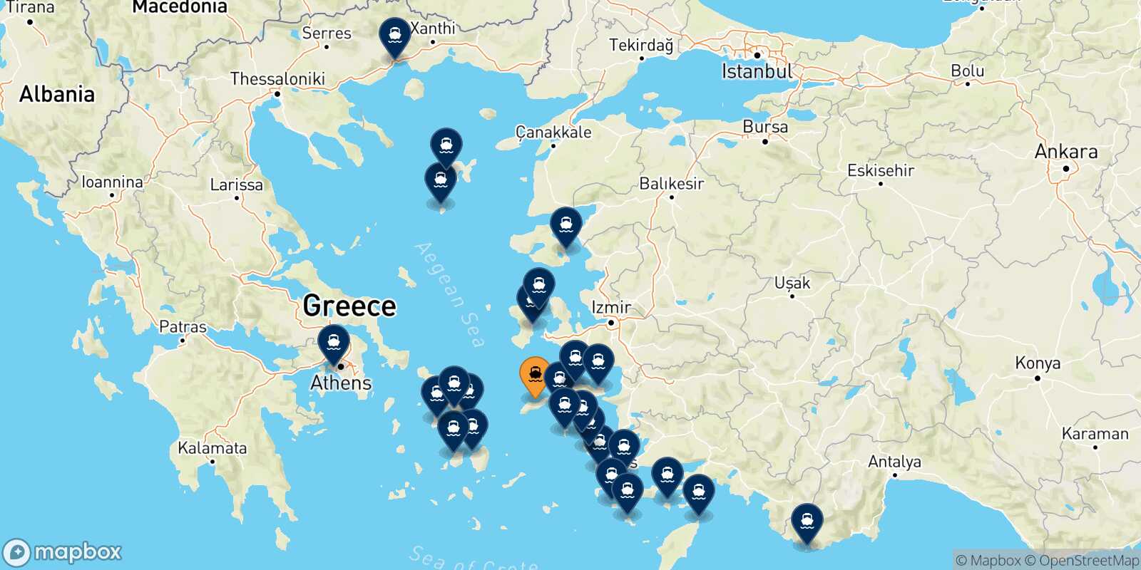 Mapa de los destinos alcanzables de Agios Kirikos (Ikaria)