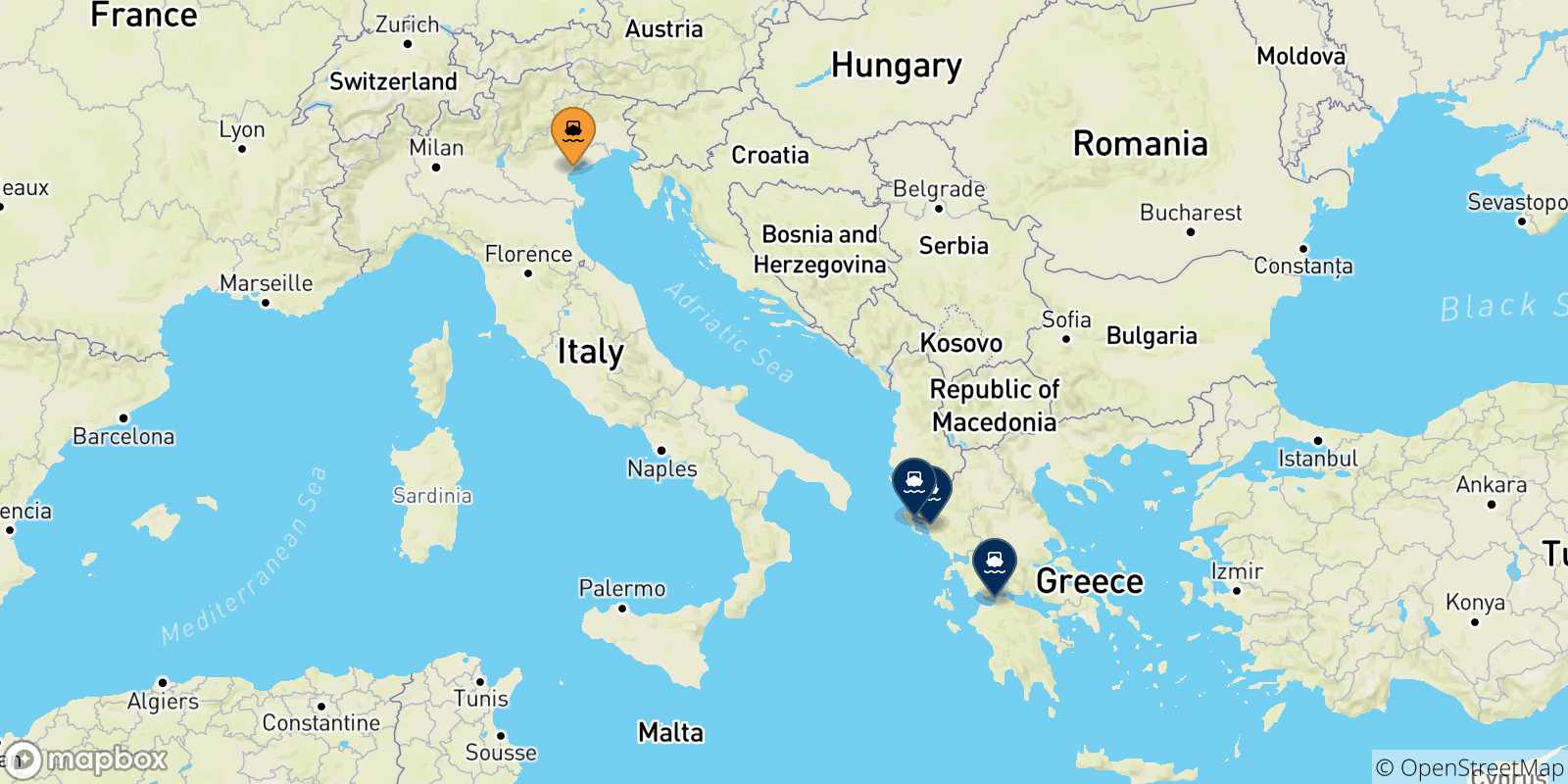Mapa de las posibles rutas entre Venecia y  Grecia