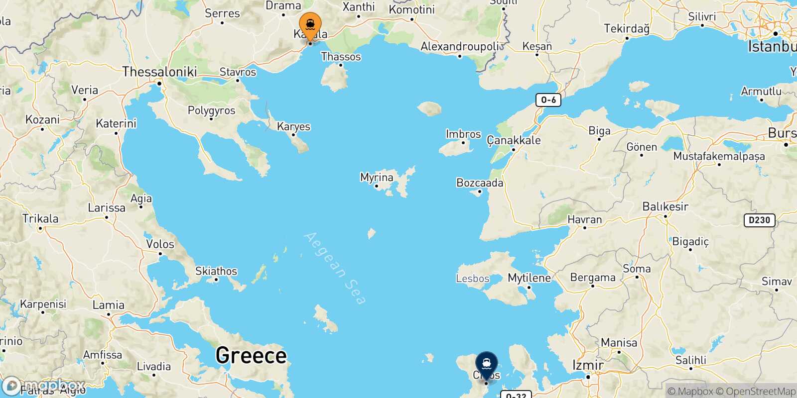 Mapa de la ruta Kavala Mesta Chios