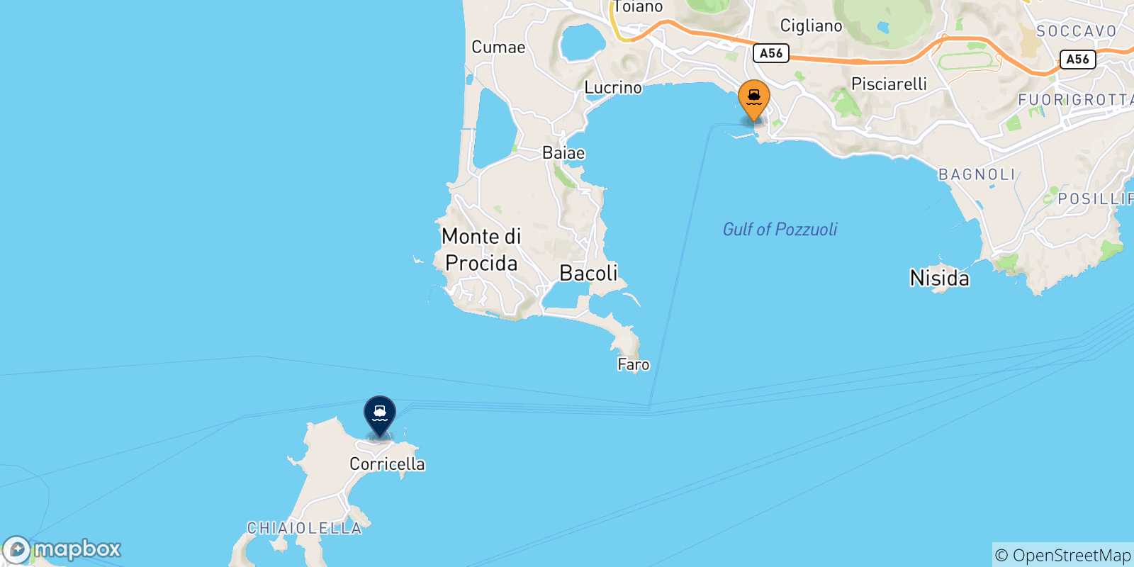 Mapa de las posibles rutas entre Casamicciola (Ischia) y  Golfo De Nápoles