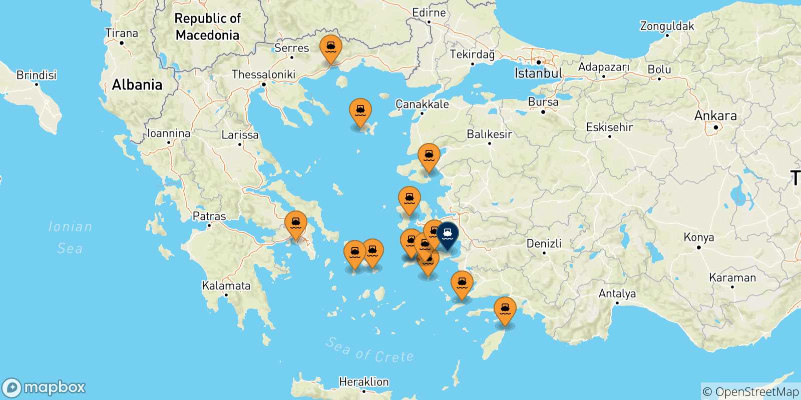 Mapa de las posibles rutas entre Grecia y  Vathi (Samos)