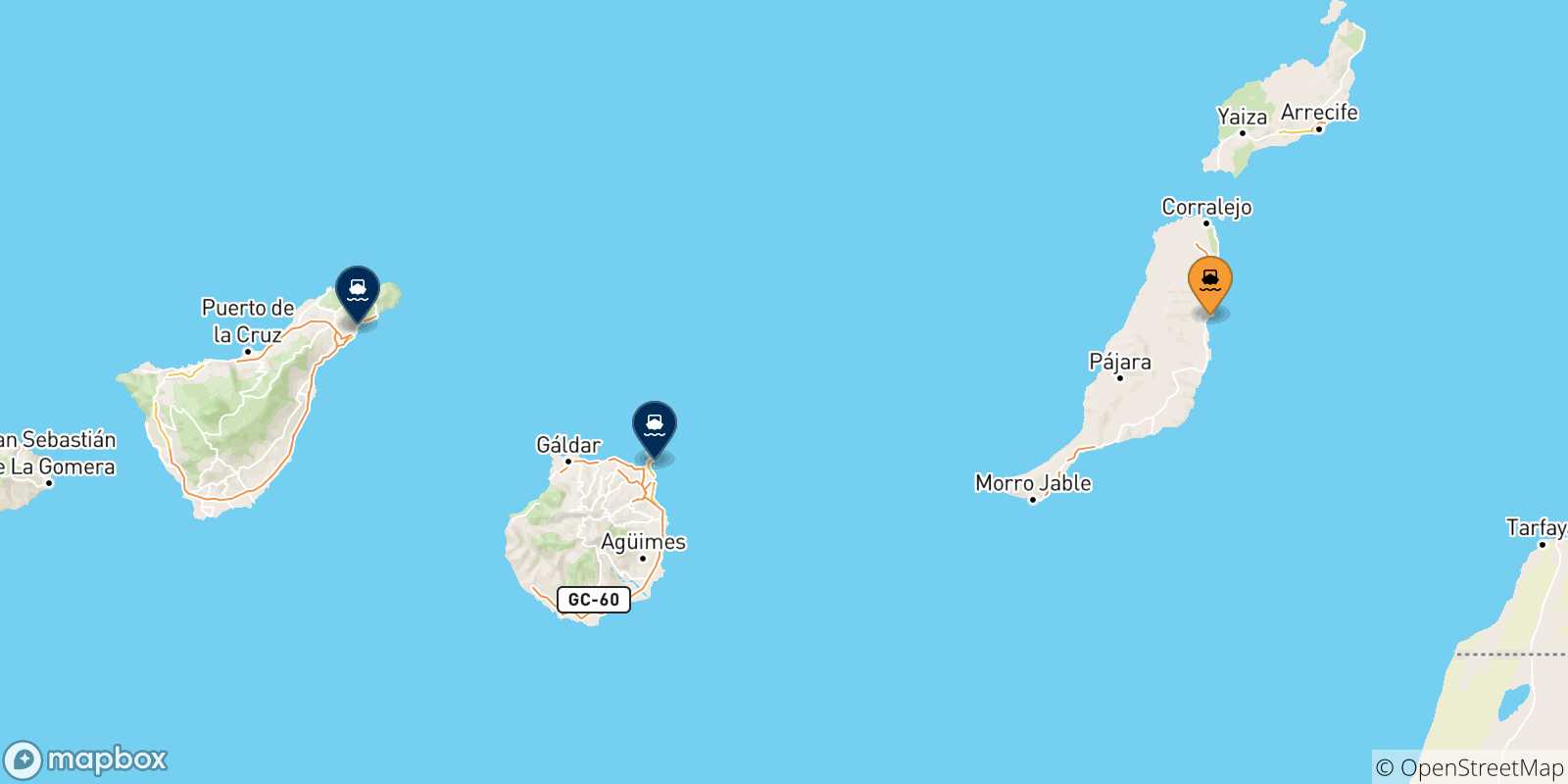 Mapa de las posibles rutas entre Puerto Del Rosario (Fuerteventura) y  Islas Canarias